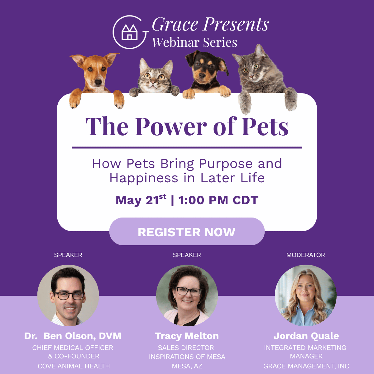 Purple Grace Presents webinar poster with four pets over a white sign reading 'The Power of Pets' and a 'REGISTER NOW' button, on a purple background.