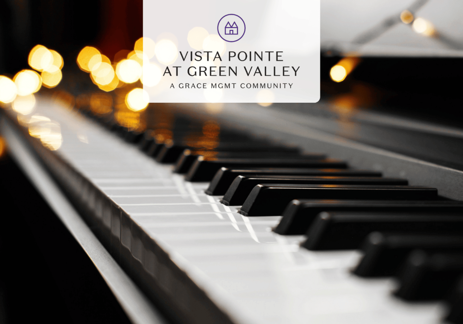 Close-up of piano keys with warm bokeh lights and a translucent banner reading 'Vista Pointe at Green Valley' — A Grace MGMT Community.