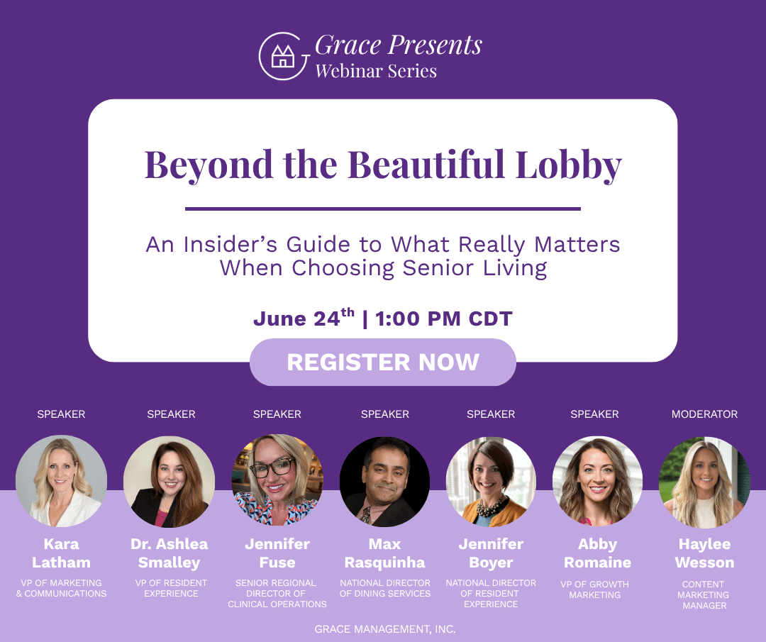 Event banner for Grace Presents Webinar Series: 'Beyond the Beautiful Lobby' with date June 24, 1:00 PM CDT and a Register Now button; speakers listed below.